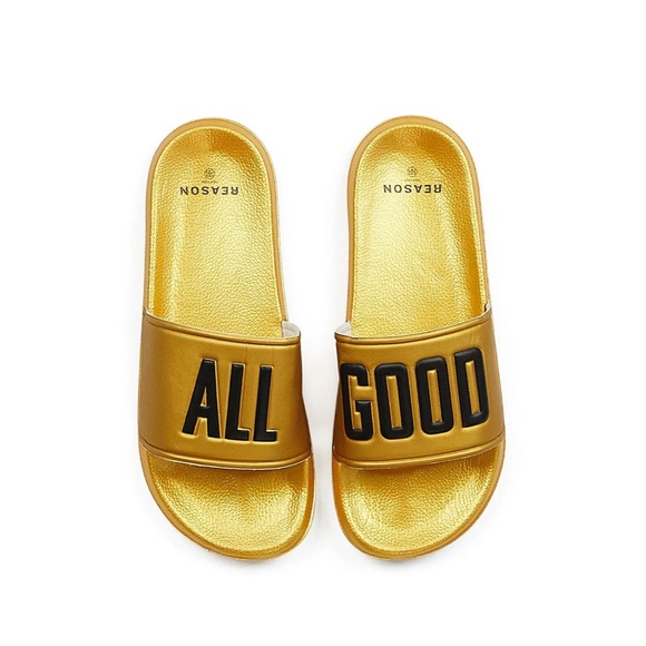 •All Good• Gold Graphic Print Mens Slides - Picture 1 of 4